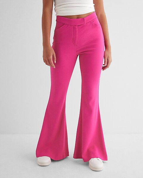 HAPIMO Sales Women Flare Pants High Waist Bell Bottoms Mesh Sheer Wide Leg  Pants Trouser Transparent Solid Color Flare Leggings Hot Pink XL