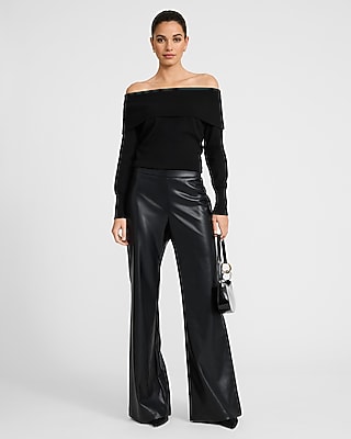 Pull-on Faux Leather Mid Rise Flare Trouser