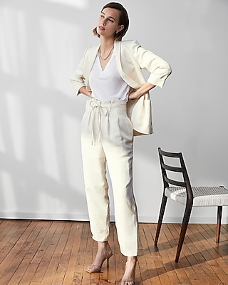 Super High Waisted Belted Linen-blend Paperbag Ankle Pant