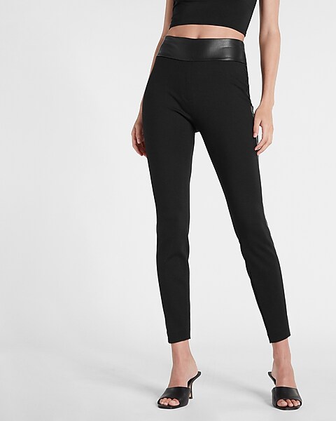 High Waisted Luxe Comfort Faux Leather Stripe Skinny Columnist Ankle Pant