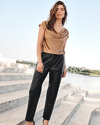 Super High Waisted Faux Leather Pleated Ankle Pant | Express