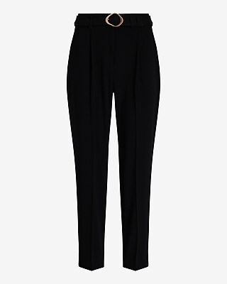 High Waisted Pleated Belted Straight Ankle Pant