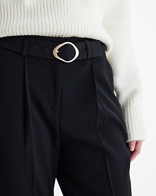 High Waisted Pleated Belted Straight Ankle Pant