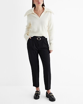 High Waisted Pleated Belted Straight Ankle Pant