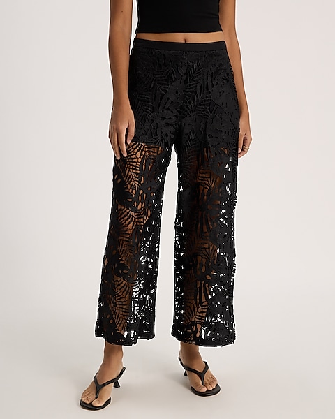 High Waisted Lace Wide Leg Ankle Pant | Express High Waisted Lace Wide Leg Ankle Pant | Express