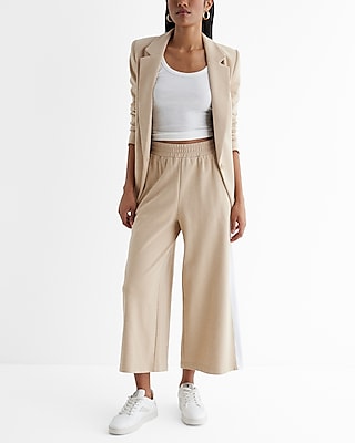 High Waisted Knit Side Stripe Cropped Wide Leg Pant