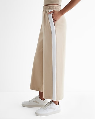 High Waisted Knit Side Stripe Cropped Wide Leg Pant