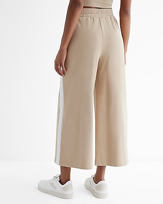 High Waisted Knit Side Stripe Cropped Wide Leg Pant