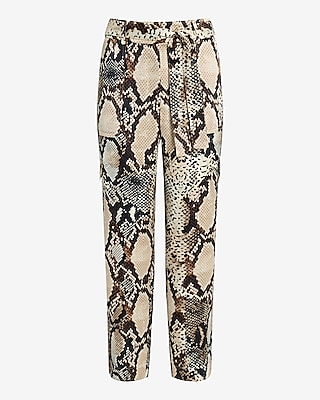 High Waisted Satin Snakeskin Belted Cargo Straight Ankle Pant