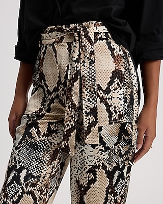 High Waisted Satin Snakeskin Belted Cargo Straight Ankle Pant