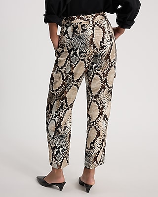 High Waisted Satin Snakeskin Belted Cargo Straight Ankle Pant