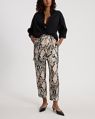 High Waisted Satin Snakeskin Belted Cargo Straight Ankle Pant