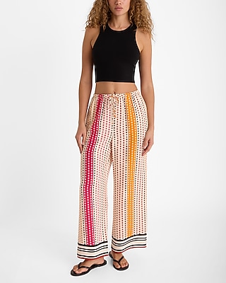 High Waisted Printed Satin Pull On Straight Ankle Pant