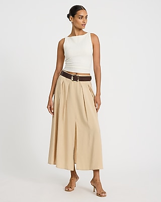 High Waisted Belted Pleated Maxi Skirt