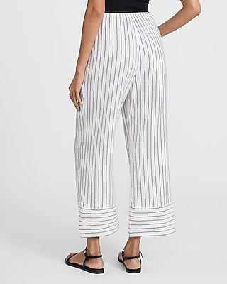 High Waisted Striped Gauze Pull On Wide Leg Ankle Pant