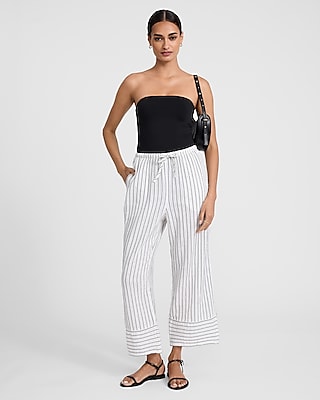 High Waisted Striped Gauze Pull On Wide Leg Ankle Pant