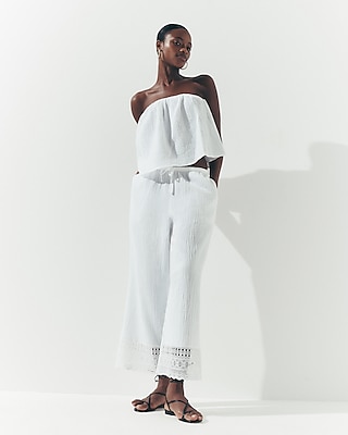 High Waisted Gauze Lace Hem Pull On Wide Leg Ankle Pant