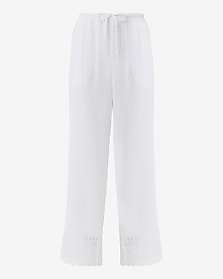 High Waisted Gauze Lace Hem Pull On Wide Leg Ankle Pant