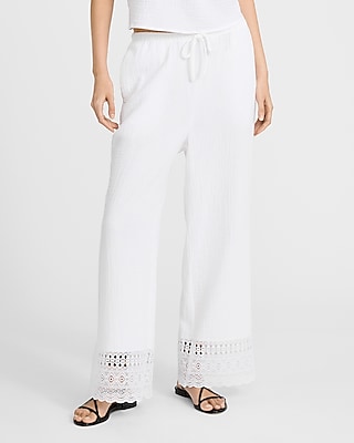 High Waisted Gauze Lace Hem Pull On Wide Leg Ankle Pant