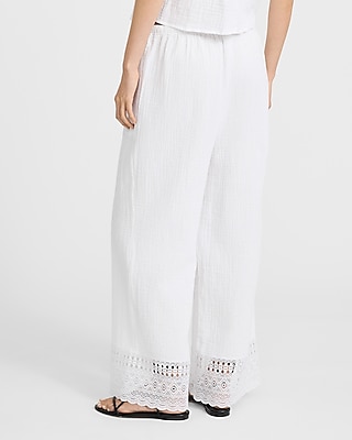 High Waisted Gauze Lace Hem Pull On Wide Leg Ankle Pant