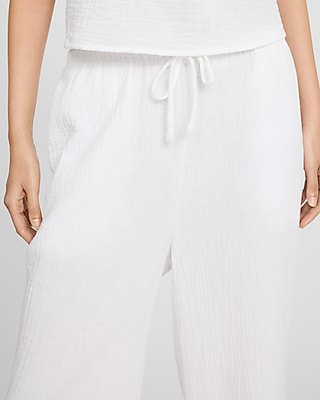 High Waisted Gauze Lace Hem Pull On Wide Leg Ankle Pant