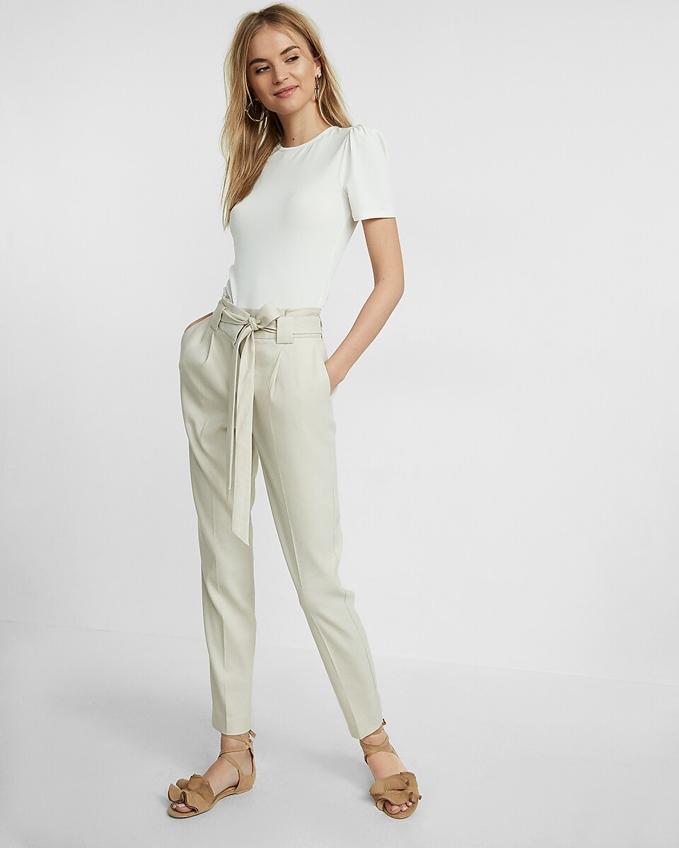 Petite High Waisted Linen Blend Belted Ankle Pant | Express