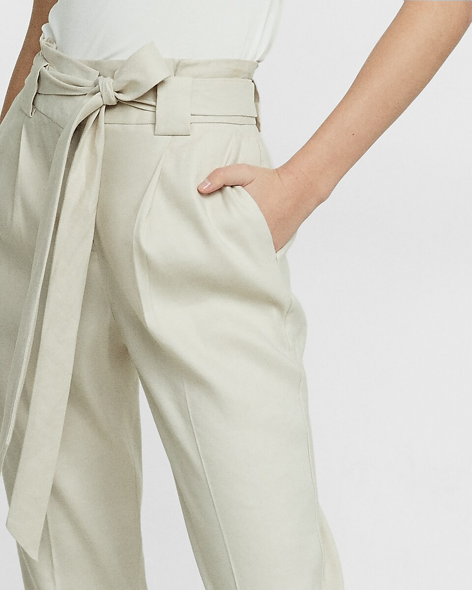high waisted linen blend belted ankle pant