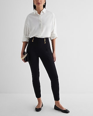 Super High Waisted Novelty Button Waist Seamed Leggings