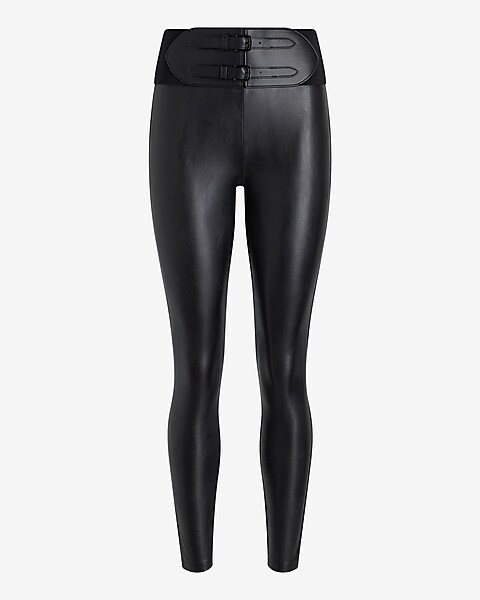 High Waisted Faux Leather Double Belted Leggings