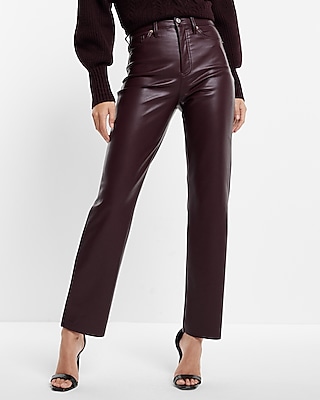 Super High Waisted Faux Leather Modern Straight Pant Brown Women's 0