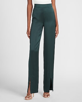 high waisted satin slit front straight pant
