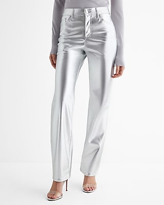 High Waisted Metallic Faux Leather Modern Straight Pant Neutral Women's