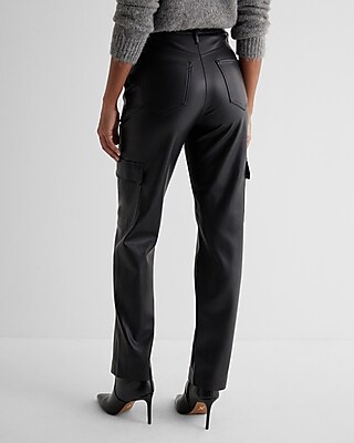 Super High Waisted Faux Leather Straight Cargo Pant
