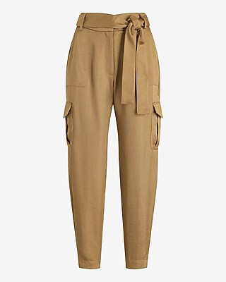 Metallic Shine High Waisted Belted Cargo Ankle Pant