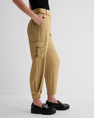 Metallic Shine High Waisted Belted Cargo Ankle Pant