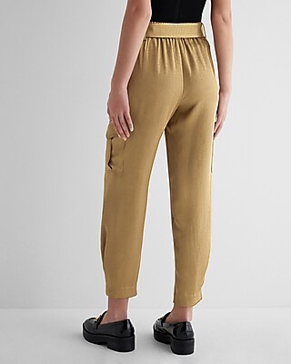 Metallic Shine High Waisted Belted Cargo Ankle Pant