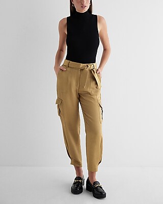 Metallic Shine High Waisted Belted Cargo Ankle Pant