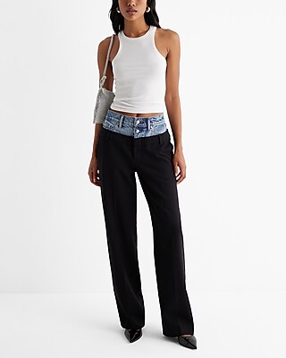 High Waisted Denim Waist Relaxed Straight Leg Pant
