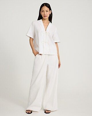Linen-Blend High Waisted Wide Leg Pull On Pant