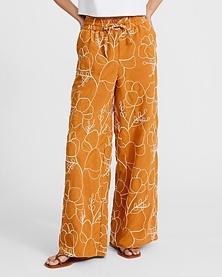 Embroidered Floral High Waisted Wide Leg Pull On Pant