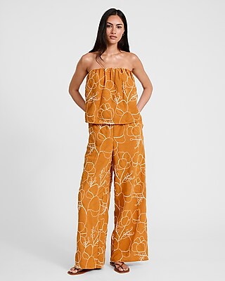 Embroidered Floral High Waisted Wide Leg Pull On Pant