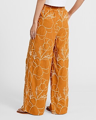 Embroidered Floral High Waisted Wide Leg Pull On Pant