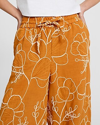 Embroidered Floral High Waisted Wide Leg Pull On Pant