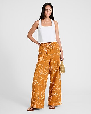 Embroidered Floral High Waisted Wide Leg Pull On Pant