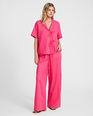 Linen-Blend High Waisted Wide Leg Pull On Pant