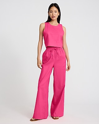 Linen-Blend High Waisted Wide Leg Pull On Pant