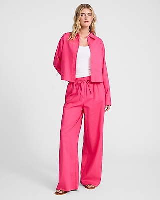 Linen-Blend High Waisted Wide Leg Pull On Pant