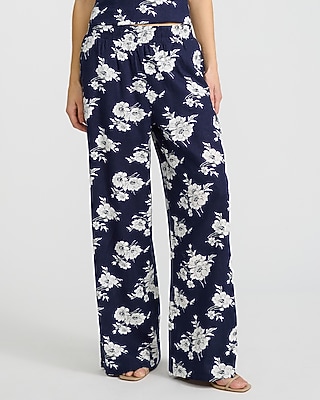 High Waisted Linen-Blend Floral Pull On Wide Leg Pant