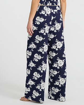 High Waisted Linen-Blend Floral Pull On Wide Leg Pant
