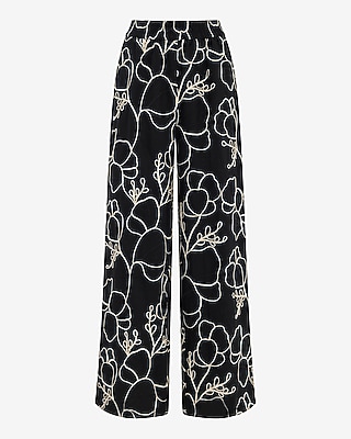 Floral Embroidered High Waisted Pull On Pant